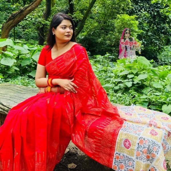 Poristhan Premium Afsan Print Cotton Saree (Full Size with Blouse Piece)